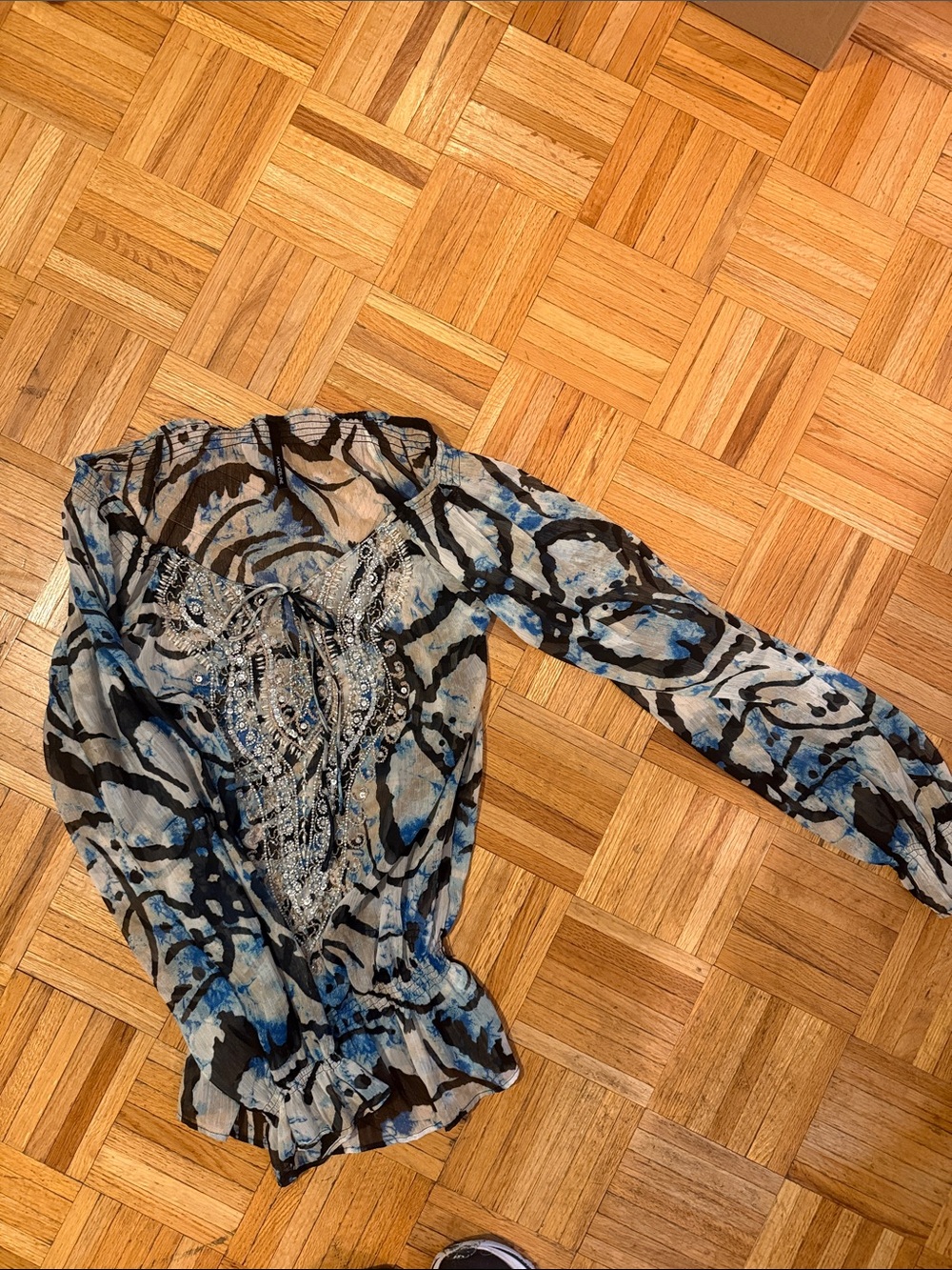 VINTAGE Beaded Blue and Black Long-Sleeve Women's Top